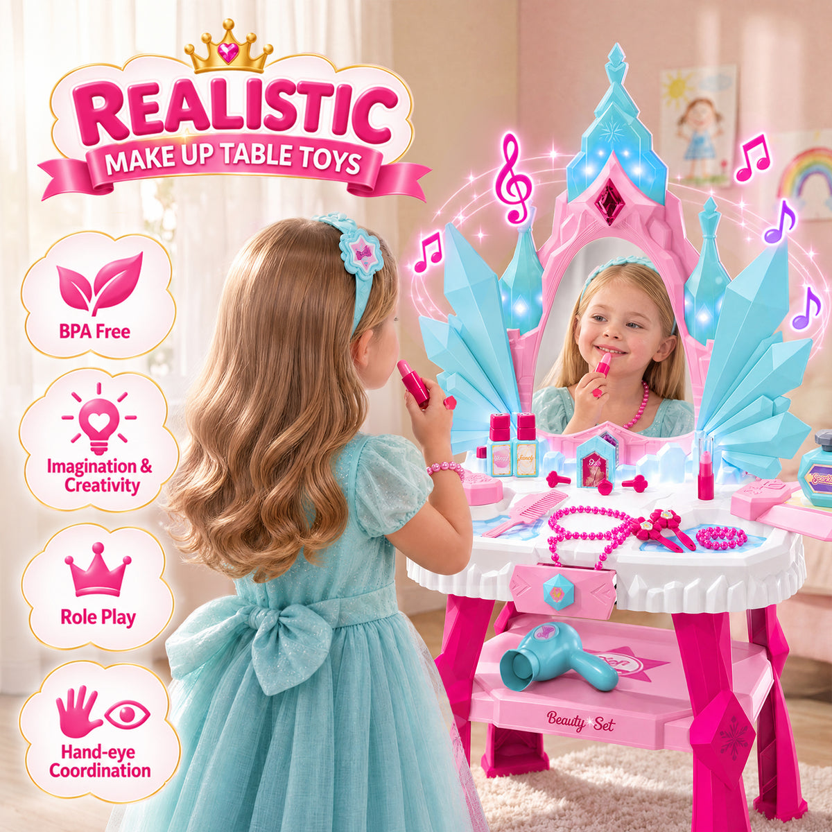 UUSUOO Kids Vanity Sets for Girls, Toddler Vanity Makeup Table with Mirror, Lights and Music, Kids Pretend Play Princess Toys, Birthday Gifts for Little Girls Ages 3-6