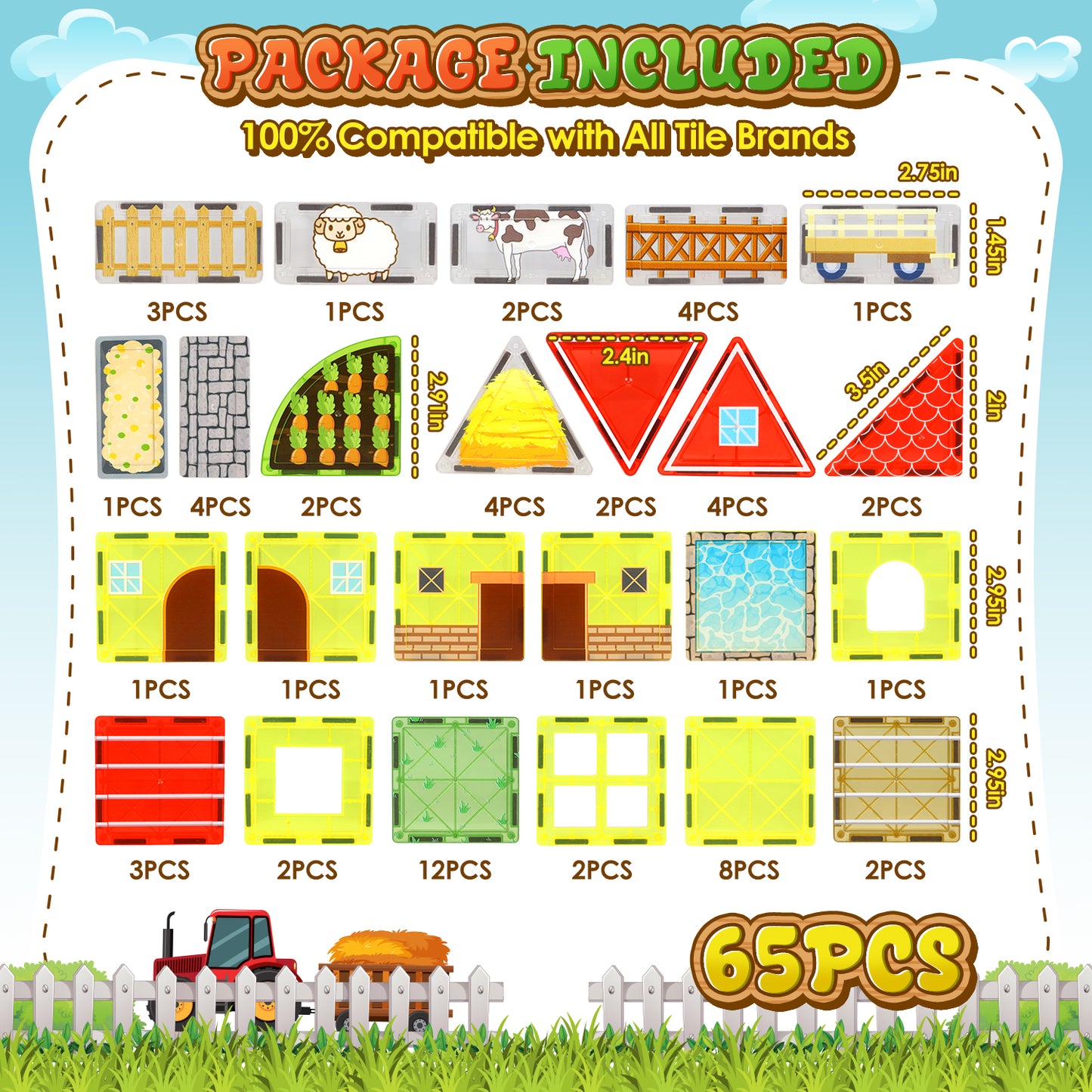 UUSUOO 65Pcs Magnetic Tiles Farm Animals Toddler Toys,STEM Magnetic Building Blocks for Kids Ages 4-8,Preschool Montessori Sensory Toys,Christmas Birthday Gifts for Kids