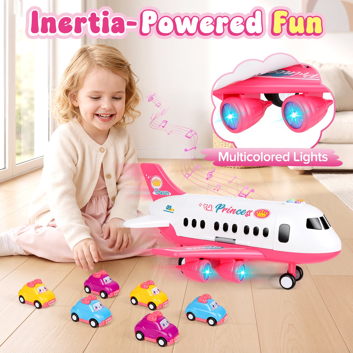 UUSUOO Airplane Toys for Toddlers 3-5, Toddlers Airplane Playset with 6 Cars Toys, Light & Sound,Plane Toys for Kids,Birthday Gift for 3 4 5 6+ Years Old Kids Boys Girls,Pink