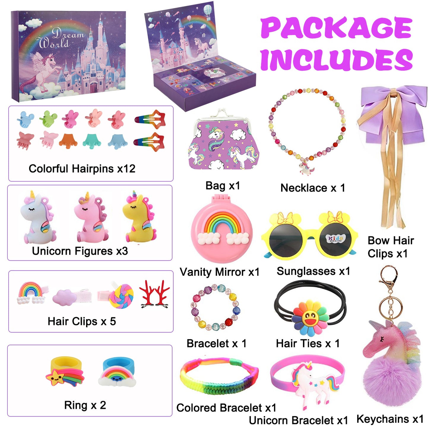 UUSUOO 32 PCS Jewelry Toys for Girls,Pretend Play Jewelry Set,Unicorns Kids Toys Set for Princess Dress Up,Necklaces,Bracelets,Kids Rings, Hair Ties,Hair Clips,Girls Toys Princess Toys for Girls 3-6