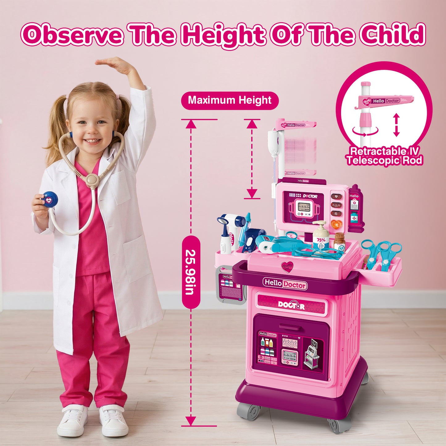 UUSUOO Doctor Kit for Toddlers 3-5,37Pcs Pretend Play Medical Kit Toy,Toddler Medical Cart Toy with Realistic LED Lights & Sounds,Doctor Kit Christmas Toy Gifts for Kids 3-8,Pink