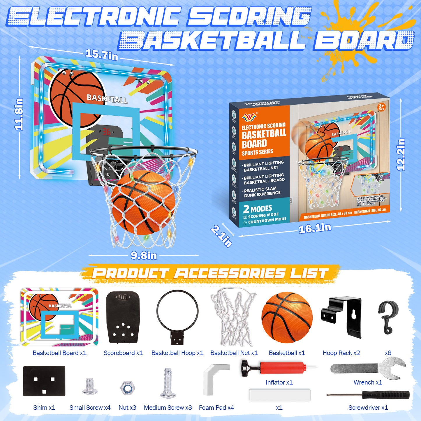 UUSUOO Basketball Hoop Indoor for Kids,Basketball Hoop with Led Light,Electronic Scoreboard & Ball,Basketball Toys for Kids,Christmas Birthday Gift for Boys Girls Age 5 6 7 8 +