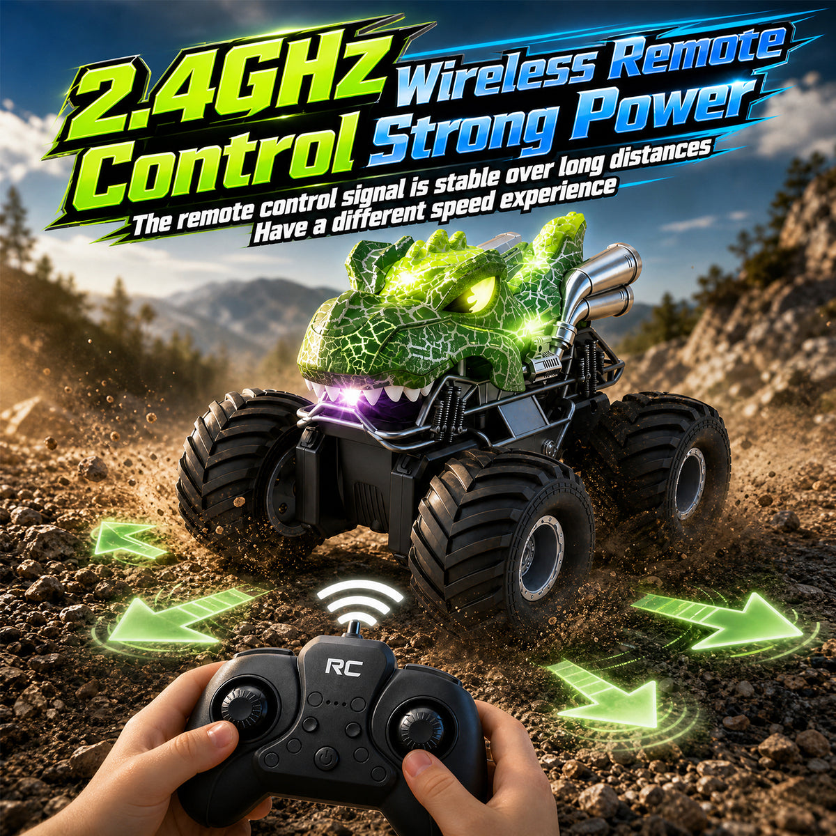 UUSUOO Dinosaur Remote Control Car,Waterproof Monster Truck Toys with Spray Water & Lights, 2.4GHz All-Terrain RC Truck Toys for Boys 4-7, Christmas Birthday Gifts for Boys Girls 3+