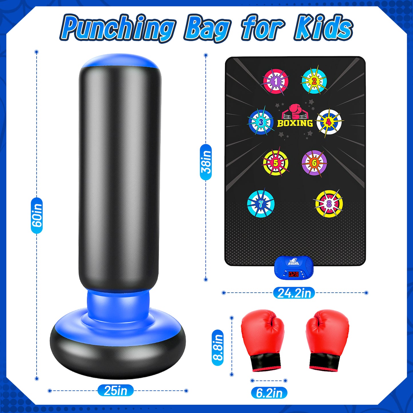 UUSUOO Punching Bag for Kids with Light & Sound,Kids Inflatable Boxing Bag Set with Gloves, Scoring System, 4 Play Modes,Christmas Birthday Gift Toy for Boys Girls Age 6-12,Blue