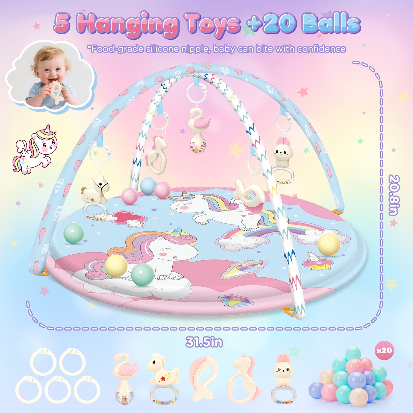 UUSUOO Baby Gym Play Mat,Tummy Time Mat With 5 Infant Learning Sensory Toys & 20 Balls,Washable Baby Activity Mat,Baby Toys Birthday Gifts for Newborns 0-3-6-9-12 Months