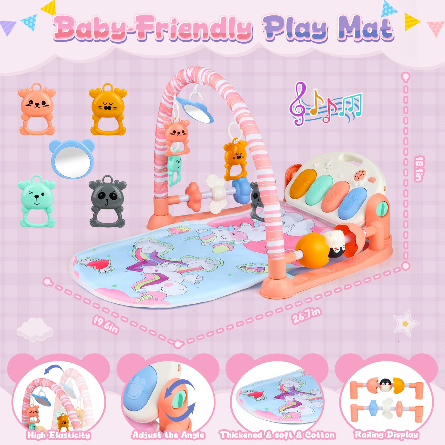 UUSUOO Baby Gym Play Mat,Baby Tummy Time Mat Musical Activity Center Play Piano Gym with 5 Sensory Toys,Music & Lights & Projection,Boys & Girls Gift for Newborns 0-3-6-9-12 Months