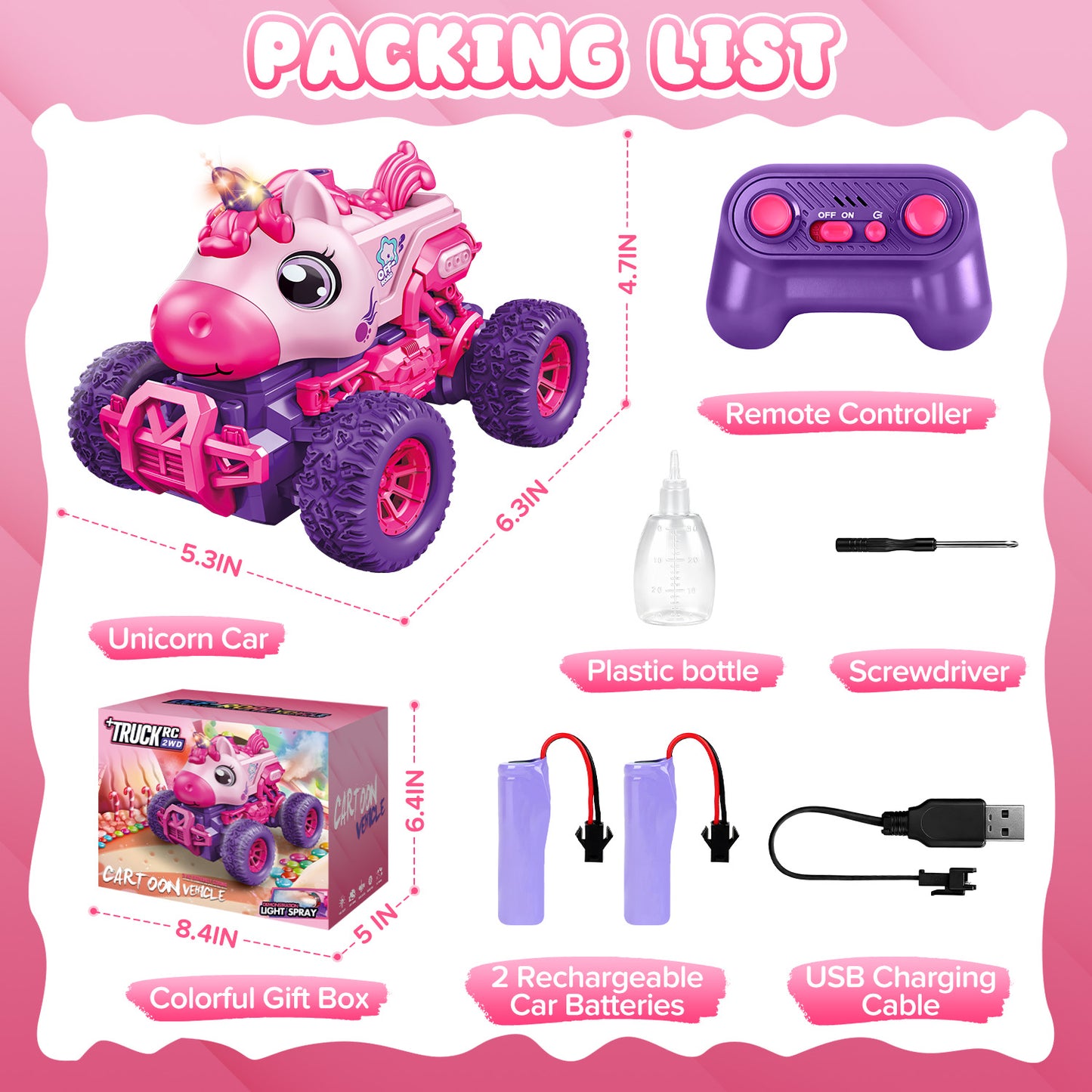 UUSUOO Unicorn Remote Control Cars for Girls 3-6,Rechargeable RC Cars for Kids with Spray & LED Light,Christmas Gifts Unicorn Toys for Boys Girls 3+