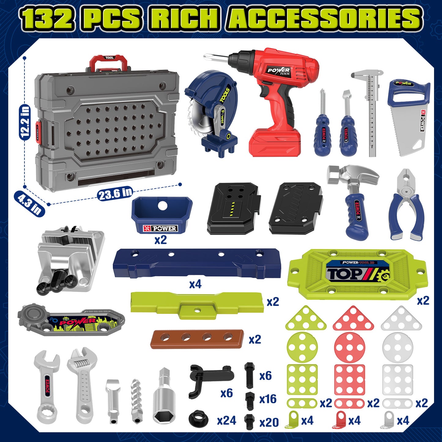 UUSUOO 2-In-1 Kids Tool Bench,132Pcs Kids Tool Set with Realistic Tools and Electric Drill,Foldable Pretend Play Workbench Construction Building Toys,Christmas Toys Gift for Boys Girls 4 5 6+