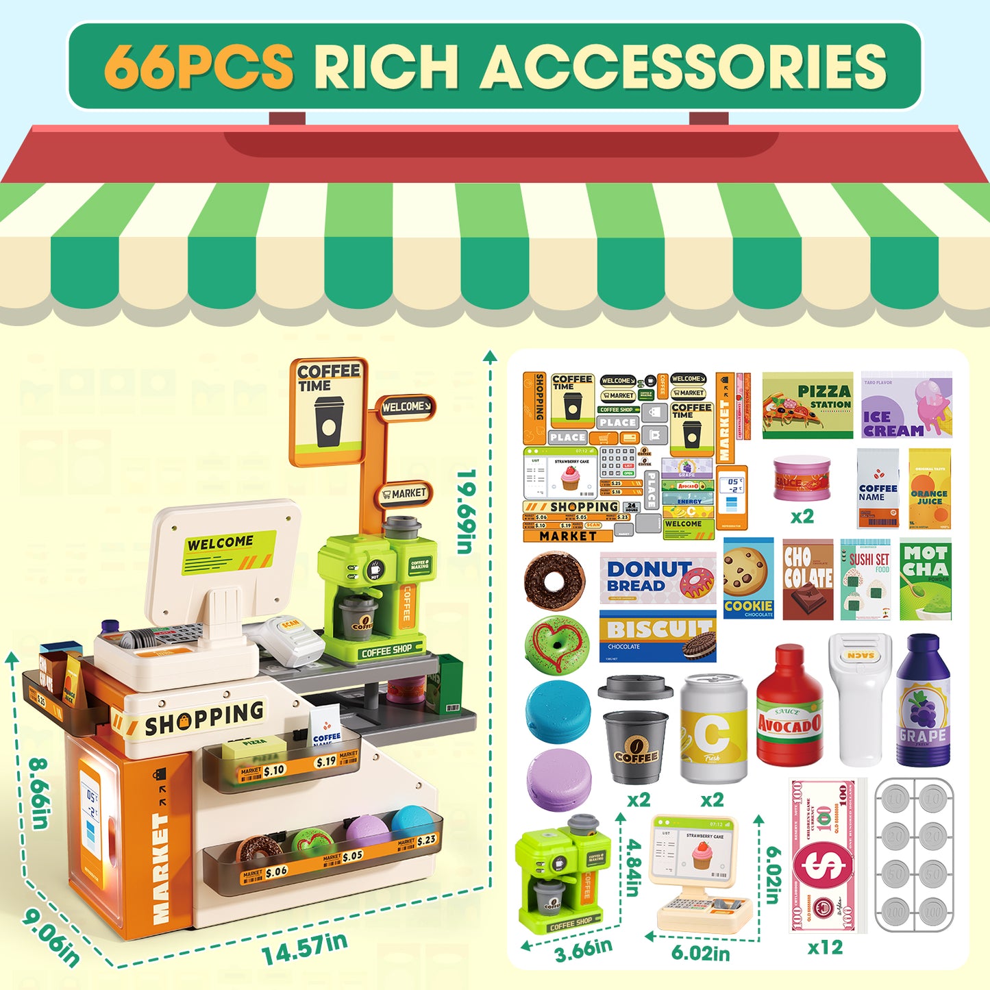 UUSUOO 66Pcs Cash Register for Kids,Pretend Play Grocery Store Set,Kids Cash Register with Scanner,Coffee Machine,Play Food & Money,Christmas Birthday Gift for Boys Girls 3 4 5 6 +