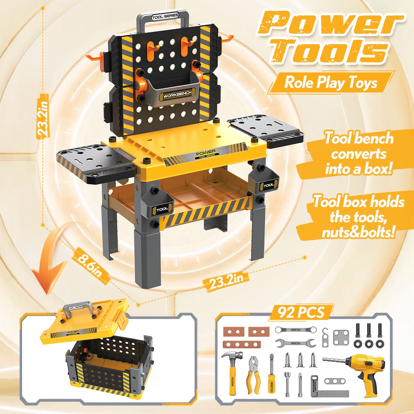UUSUOO 2-In-1 Kids Tool Bench,92Pcs Kids Tool Set for Boys with Realistic Tools and Electric Drill,Pretend Play Workbench Construction Toys,Christmas Birthday Gift Toys for Boys Girls 4 5 6+