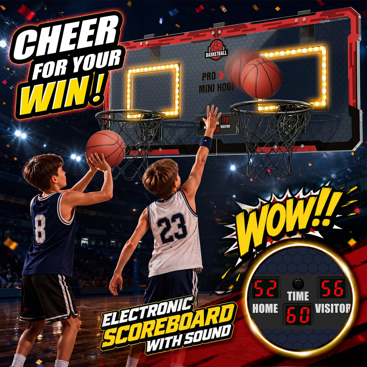 UUSUOO 2 Player Basketball Hoop for Kids,Indoor Basketball Hoop with Electronic Scoreboard,Sounds,LED Lights & 4 Balls,Basketball Toy Gift for Boys Girls Age 5 6 7 8 +