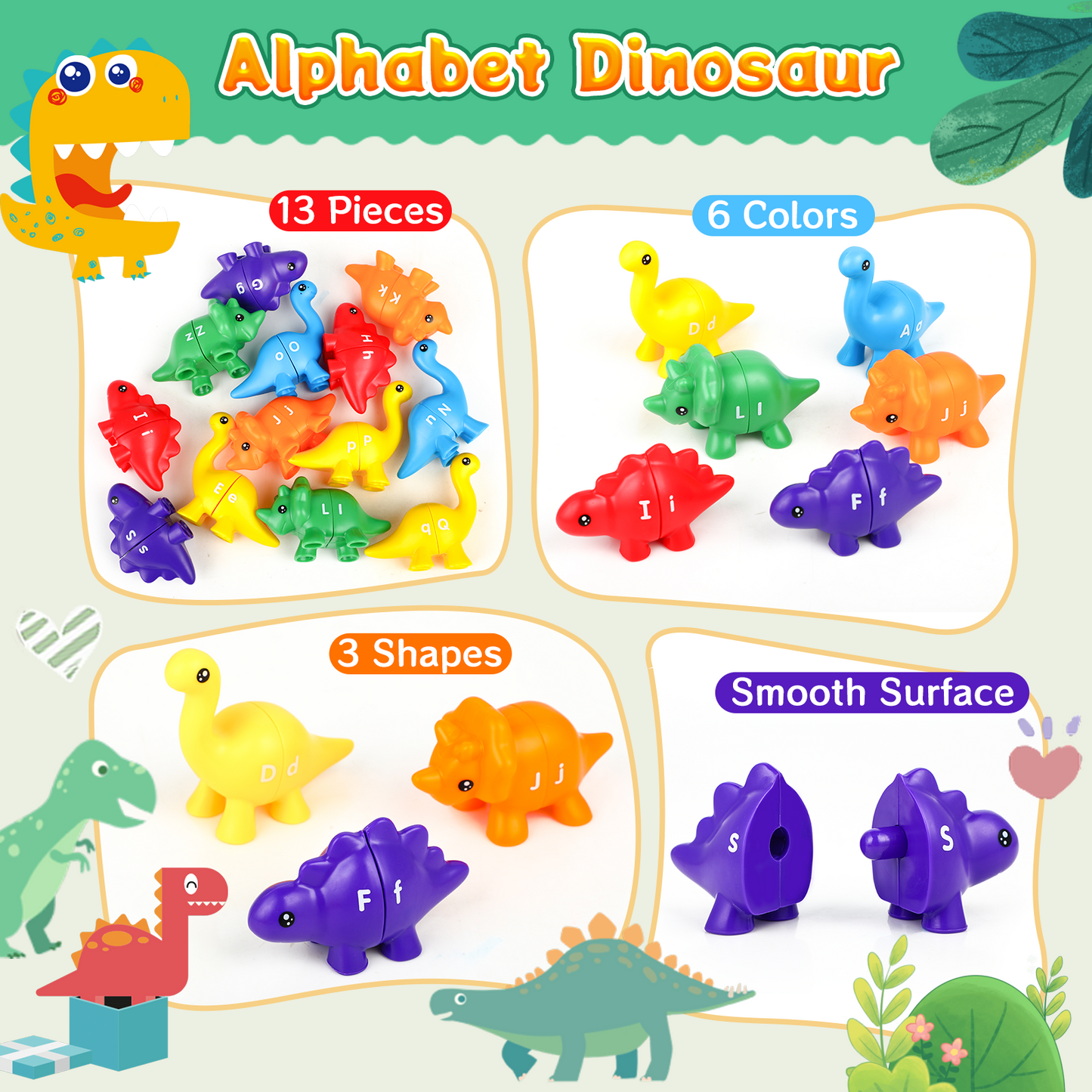 UUSUOO Alphabet Matching Dinosaur Set,13 PCS Montessori Double-Sided Dinosaur Toys Match Letter with Uppercase Lowercase, Fine Motor Toys for Toddlers 1-3, Christmas Gifts Educational Learning Toys