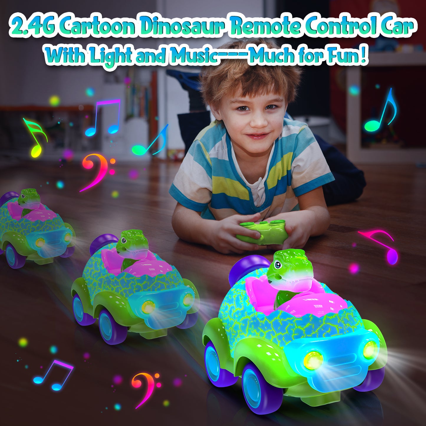 Dinosaur Remote Control Cars for Toddlers, Rechargeable Race RC Cars Toys for Kids with LED Lights & Music, Dinosaur Toys Christmas Gift for 2 3 4 5 Year Old Boys and Girls, Blue