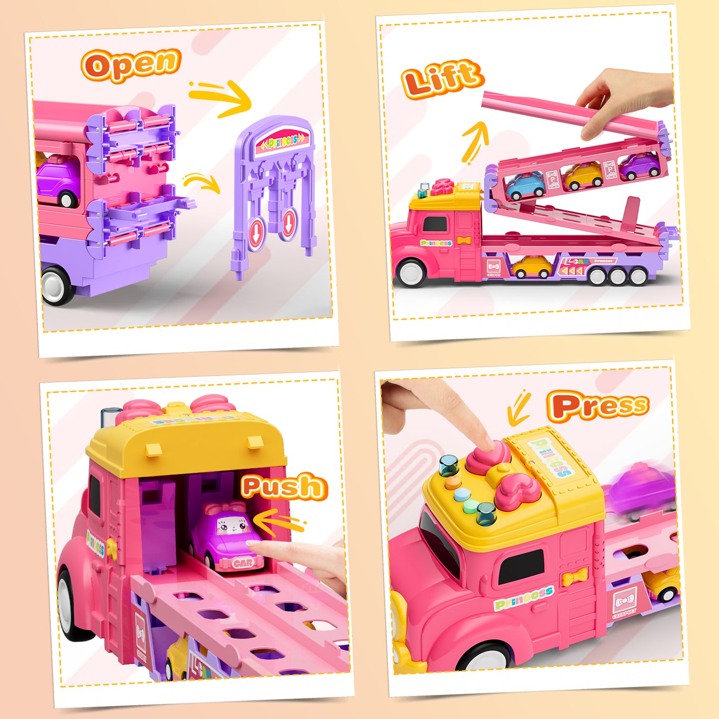UUSUOO Truck Toys for Girls,9 IN 1 Pink Princess Toys Carrier Truck Race Track Toys for Kids,Foldable Transport Truck with Lights & Music,Christmas Birthday Toys Gift for Girls 3 4 5 6+