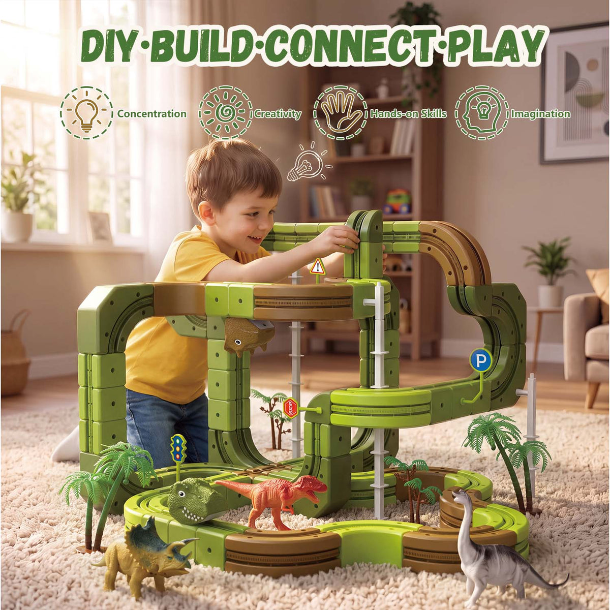 UUSUOO Dinosaur Track Toys, Dinosaur Race Car Track, Best Birthday Gifts for 3 4 5 6 7 Year Old Boys Girls