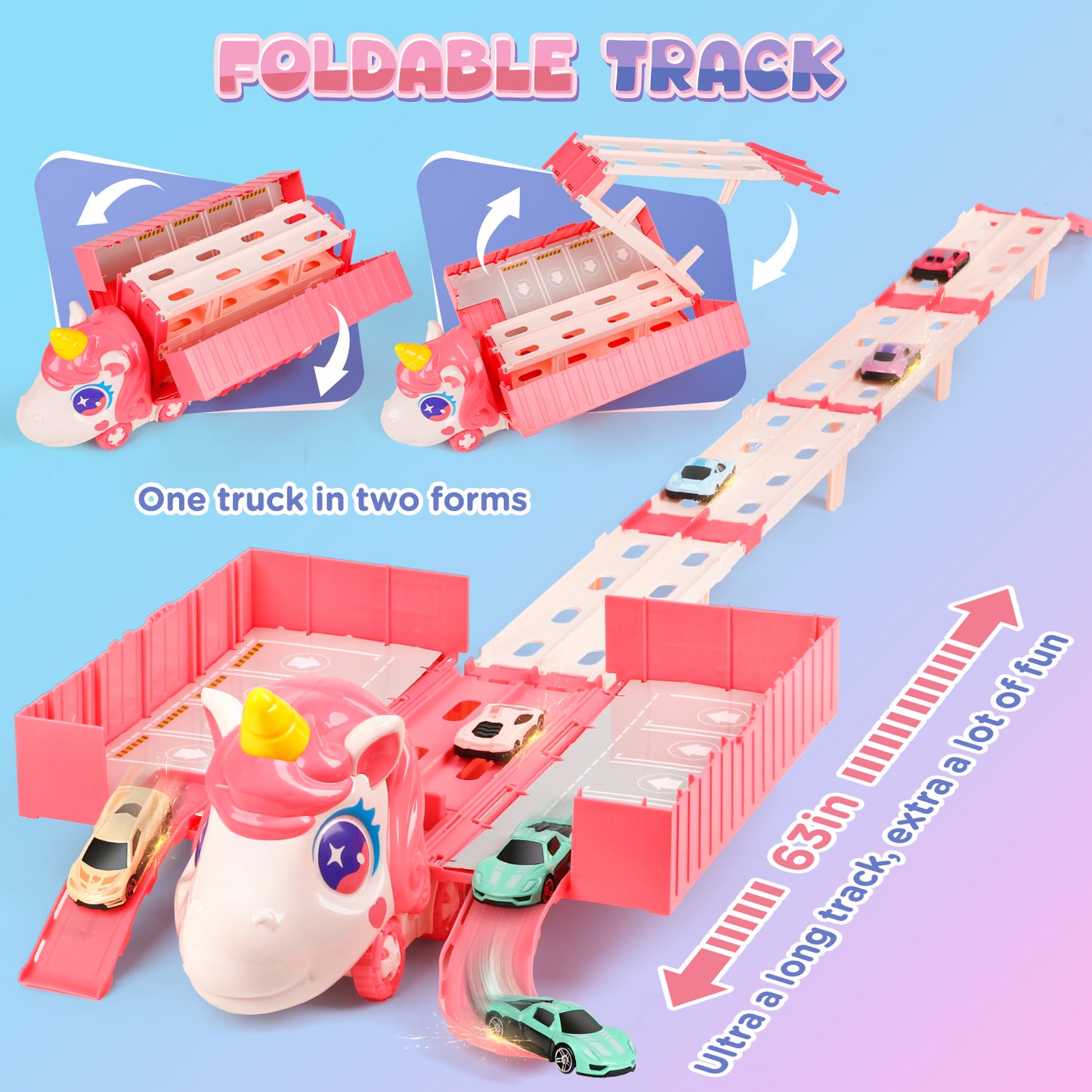 UUSUOO Toy Trucks for Boys Girls 3-6 Years,Pink Unicorn Foldable Transport Carrier Truck W/6 Race Cars,Christmas Birthday Gifts for 3 4 5 6 + Years Old Boys Girls
