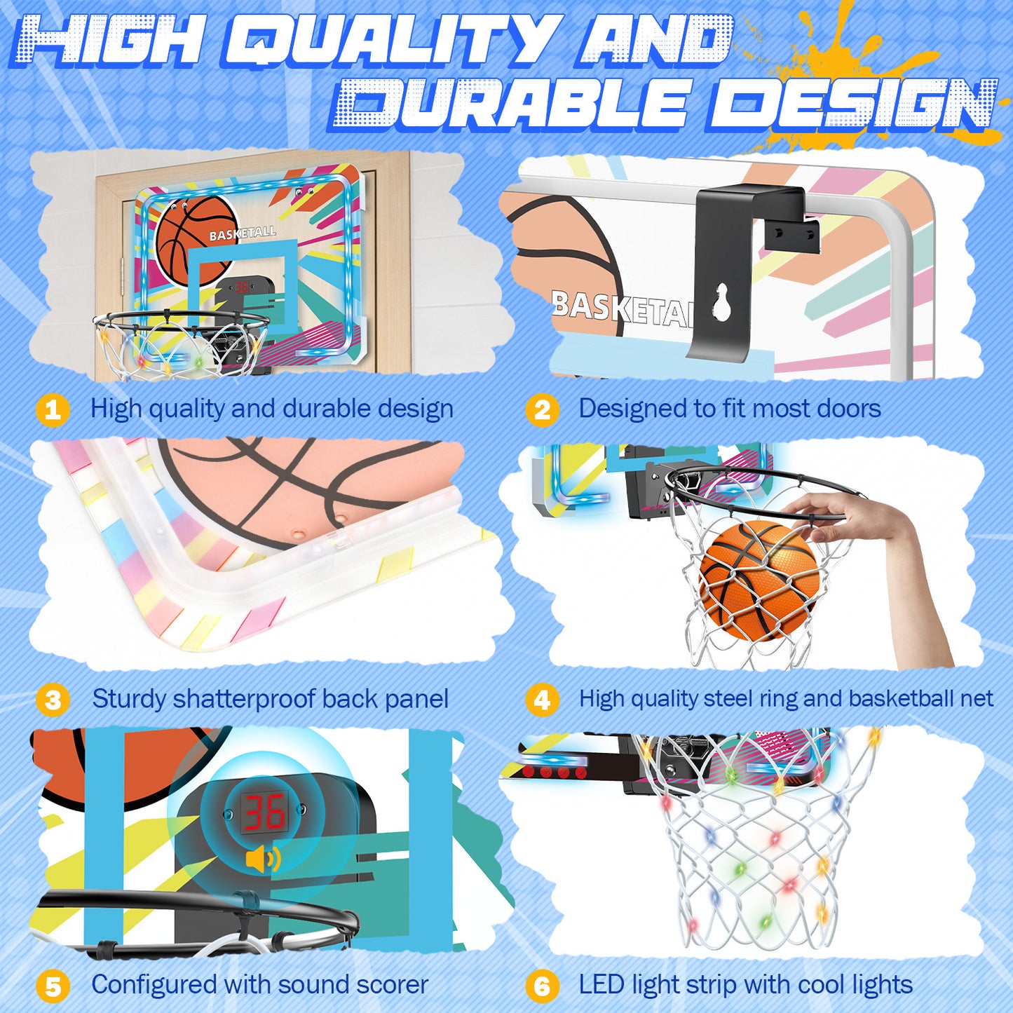 UUSUOO Basketball Hoop Indoor for Kids,Basketball Hoop with Led Light,Electronic Scoreboard & Ball,Basketball Toys for Kids,Christmas Birthday Gift for Boys Girls Age 5 6 7 8 +