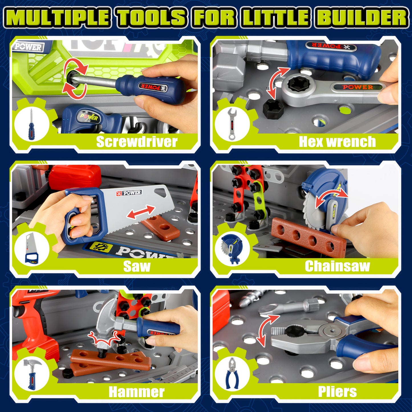 UUSUOO 2-In-1 Kids Tool Bench,132Pcs Kids Tool Set with Realistic Tools and Electric Drill,Foldable Pretend Play Workbench Construction Building Toys,Christmas Toys Gift for Boys Girls 4 5 6+