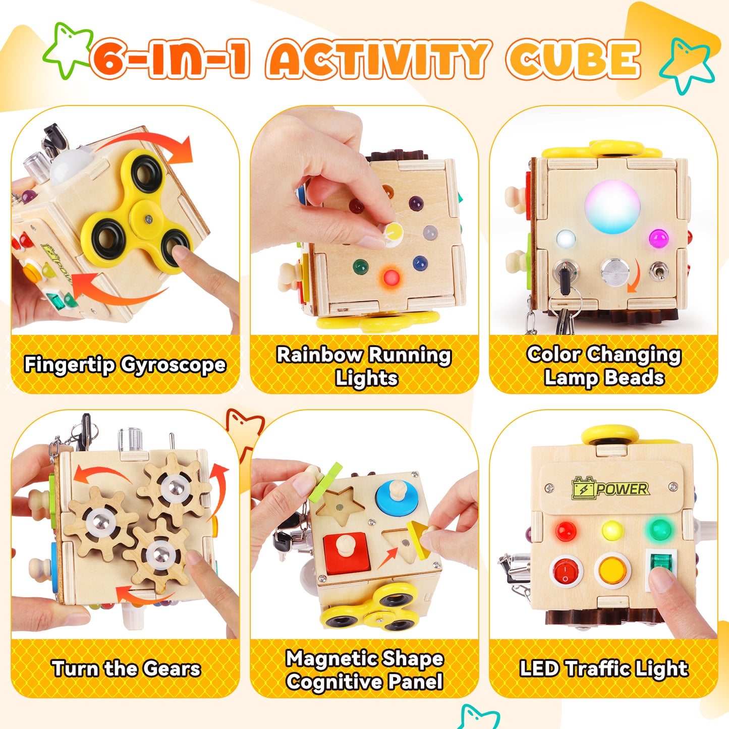 UUSUOO Busy Board with Led Light,Wooden Sensory Toys for Toddlers Boys Ages 1 2 3 Years Old, Educational Wooden Activity Cube,Travel Toys for 2 3 4 + Year Old Boys & Girls Birthday Gift