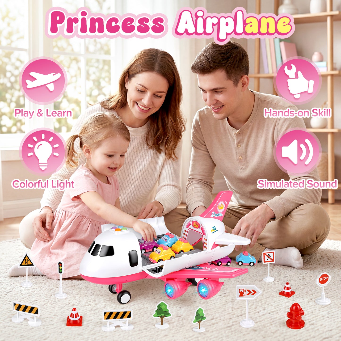 UUSUOO Airplane Toys for Toddlers 3-5, Toddlers Airplane Playset with 6 Cars Toys, Light & Sound,Plane Toys for Kids,Birthday Gift for 3 4 5 6+ Years Old Kids Boys Girls,Pink