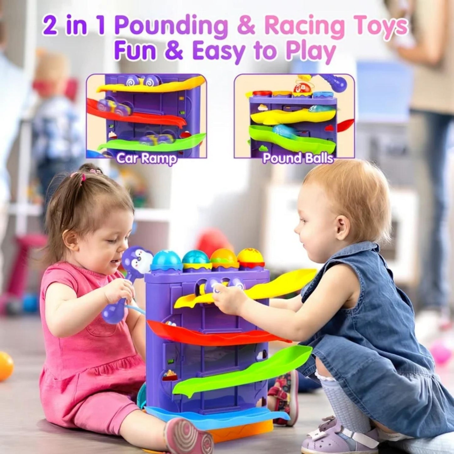 UUSUOO Toddler Toys for 1 2 3 Years Old Kids,2 In 1 Pound Ball Toy & Car Ramp Race Track,Montessori Toys for 1 Year Old,Early Learning Educational Toys Birthday Gift for Boys Girls