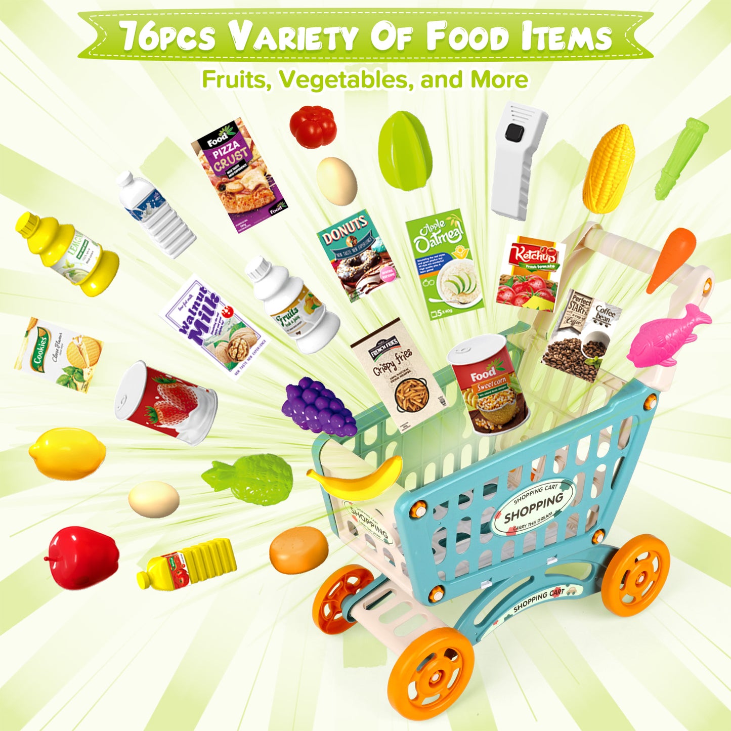 UUSUOO Supermarket Playset for Kids,Pretend Play Grocery Store Set with Kids Shopping Cart,76PCS Pretend Play Toys with Play Food, Cash Register,Christmas Birthday Gift for Kids 3 4 5 6 +