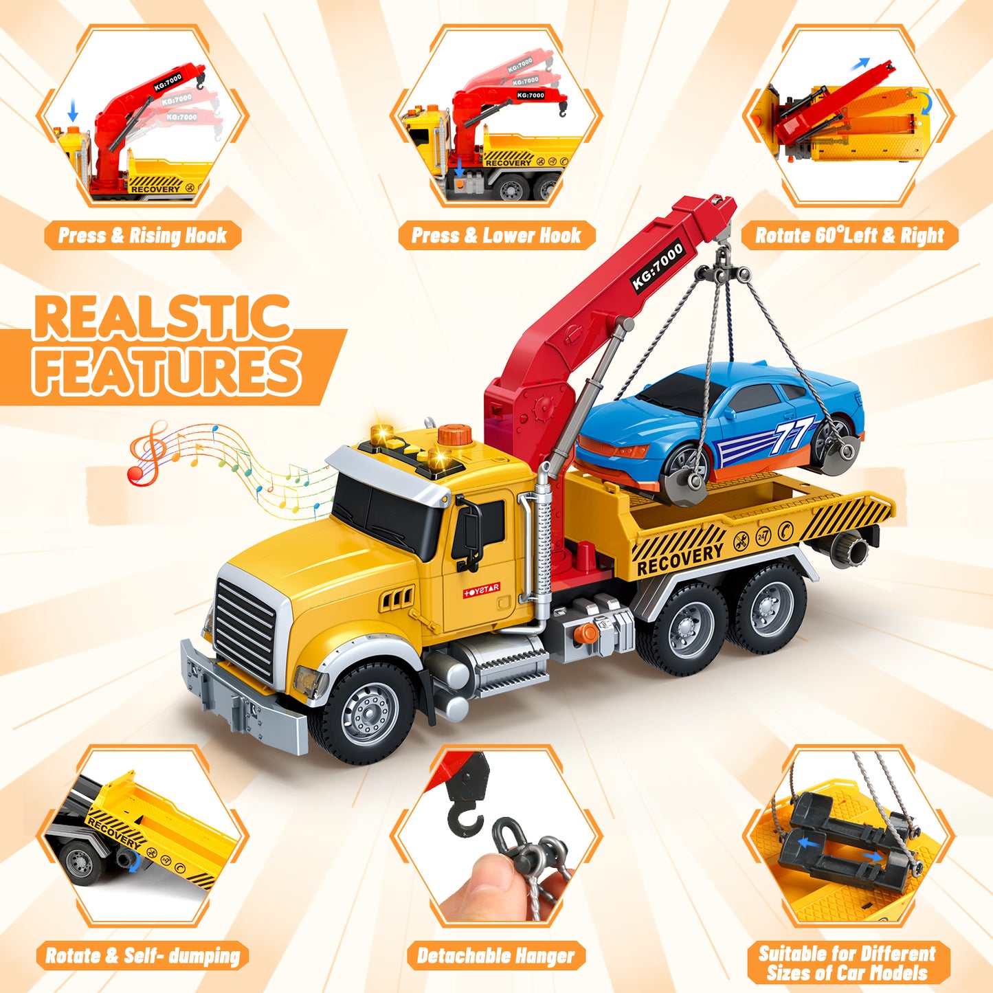 UUSUOO Toddler Trucks for Boys 3-6 Years,15" Large Tow Truck Toys,Friction Powered Transport Truck Crane Toy with Roadster, Lights and Sounds,Kids Truck Toys,Christmas Birthday Gifts for Kids,Yellow