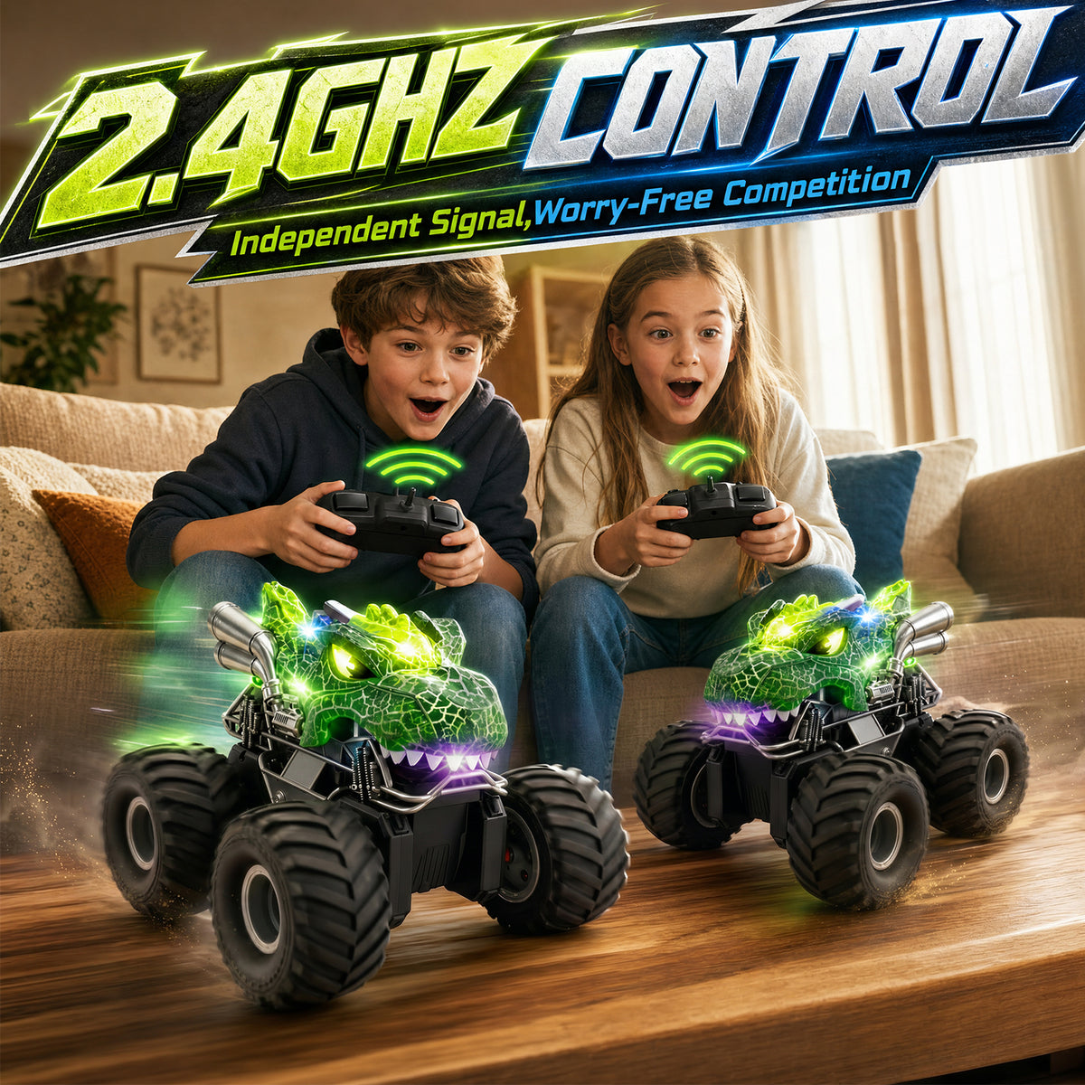 UUSUOO Dinosaur Remote Control Car,Waterproof Monster Truck Toys with Spray Water & Lights, 2.4GHz All-Terrain RC Truck Toys for Boys 4-7, Christmas Birthday Gifts for Boys Girls 3+