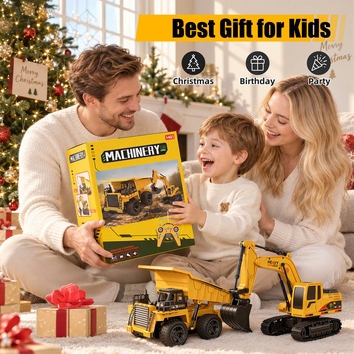 UUSUOO Remote Control Excavator and Dump Truck Toy for Kids, 2.4GHz RC Construction Vehicles with Lights & Sounds, Rechargeable Construction Toys, Birthday Gift for Kids Ages 3+