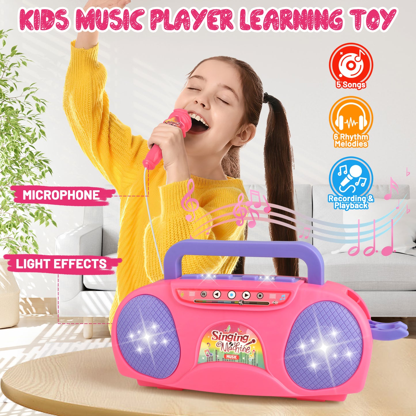 UUSUOO Karaoke Microphone For Kids Girls,Kids Music Player With Microphone, Kids Microphone Girls Toys,Singing Machine Karaoke Toys,Christmas Birthday Gifts for 3 4 5 6 7 8 Years Old Girls Boys,Pink