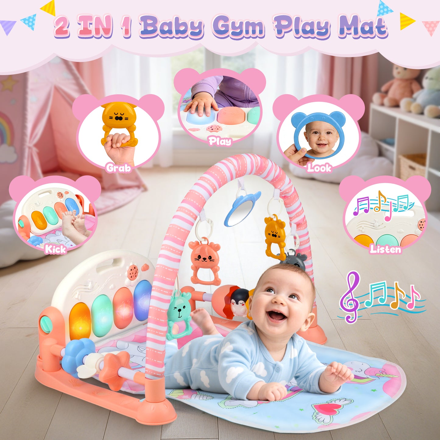 UUSUOO Baby Gym Play Mat,Baby Tummy Time Mat Musical Activity Center Play Piano Gym with 5 Sensory Toys,Music & Lights & Projection,Boys & Girls Gift for Newborns 0-3-6-9-12 Months