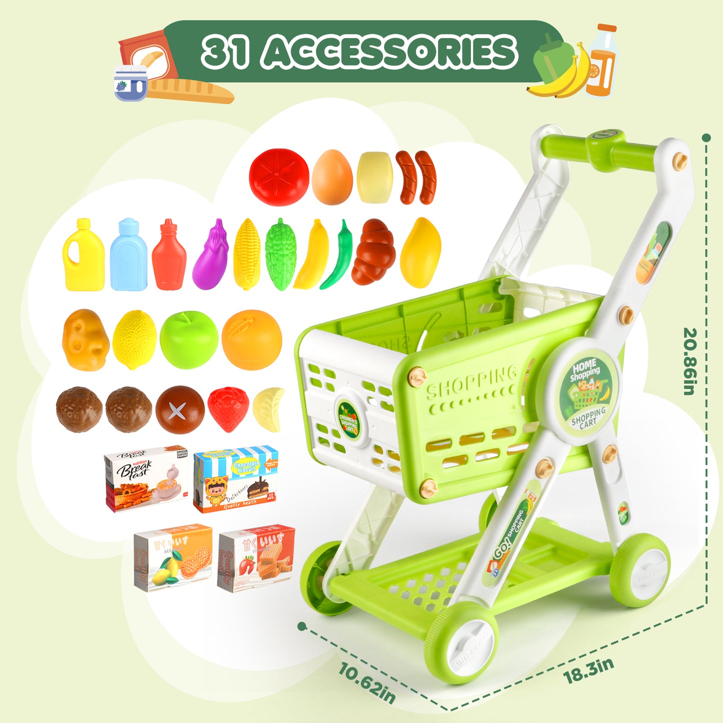 UUSUOO 31Pcs Shopping Cart for Kids,Pretend Play Toys with Play Food and Shop Accessories,Grocery Shopping Cart for Kids, Christmas Birthday Gift for Kids Age 3-8