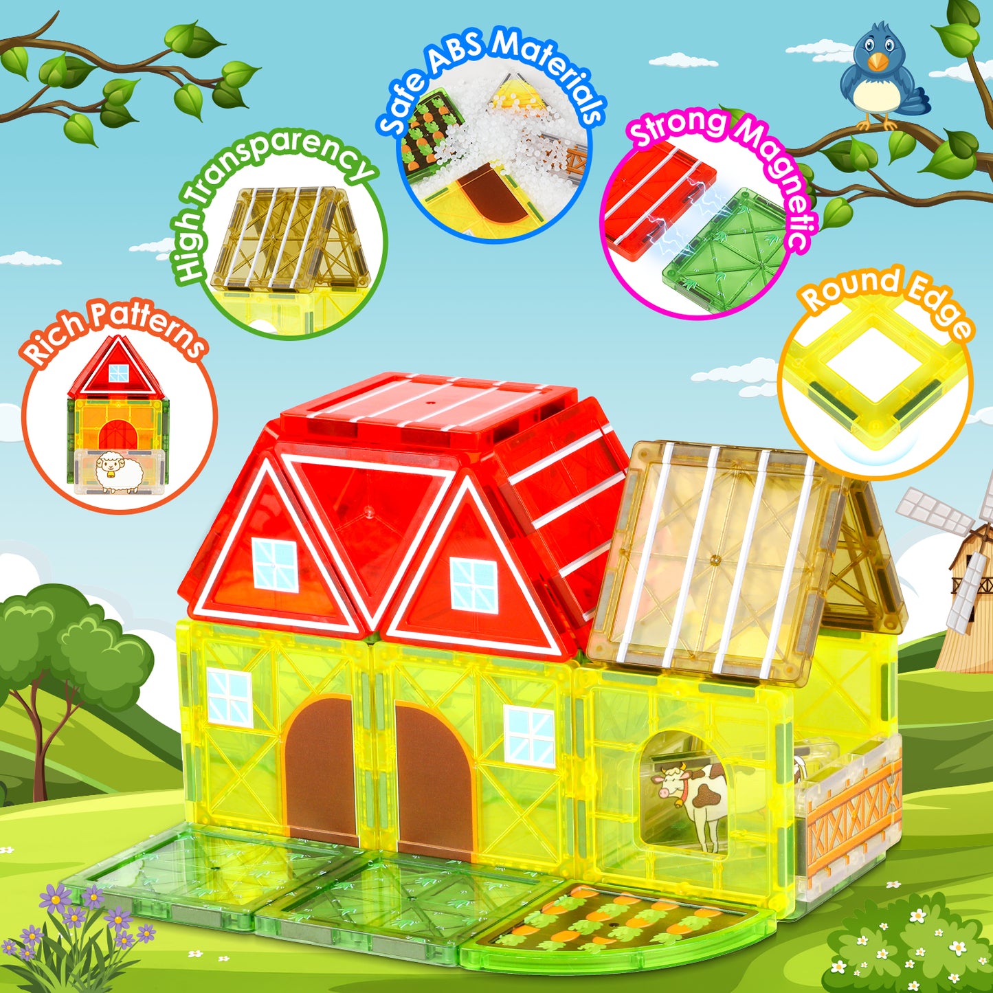 UUSUOO 65Pcs Magnetic Tiles Farm Animals Toddler Toys,STEM Magnetic Building Blocks for Kids Ages 4-8,Preschool Montessori Sensory Toys,Christmas Birthday Gifts for Kids