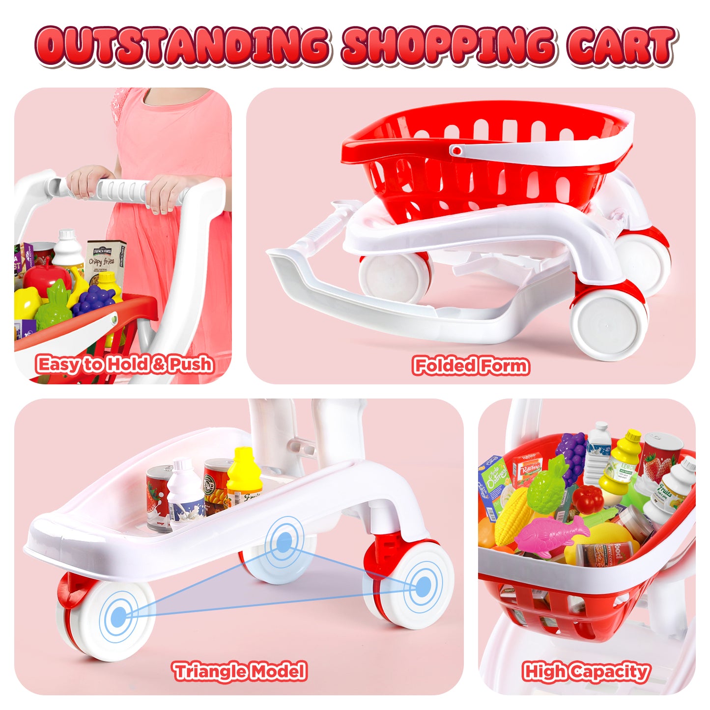 UUSUOO 36Pcs Shopping Cart for Kids,Toy Shopping Cart with Play Food Fruit Vegetable and Shop Accessories,Pretend Play Grocery Store Toys for Toddlers Age 3-6 ,Red