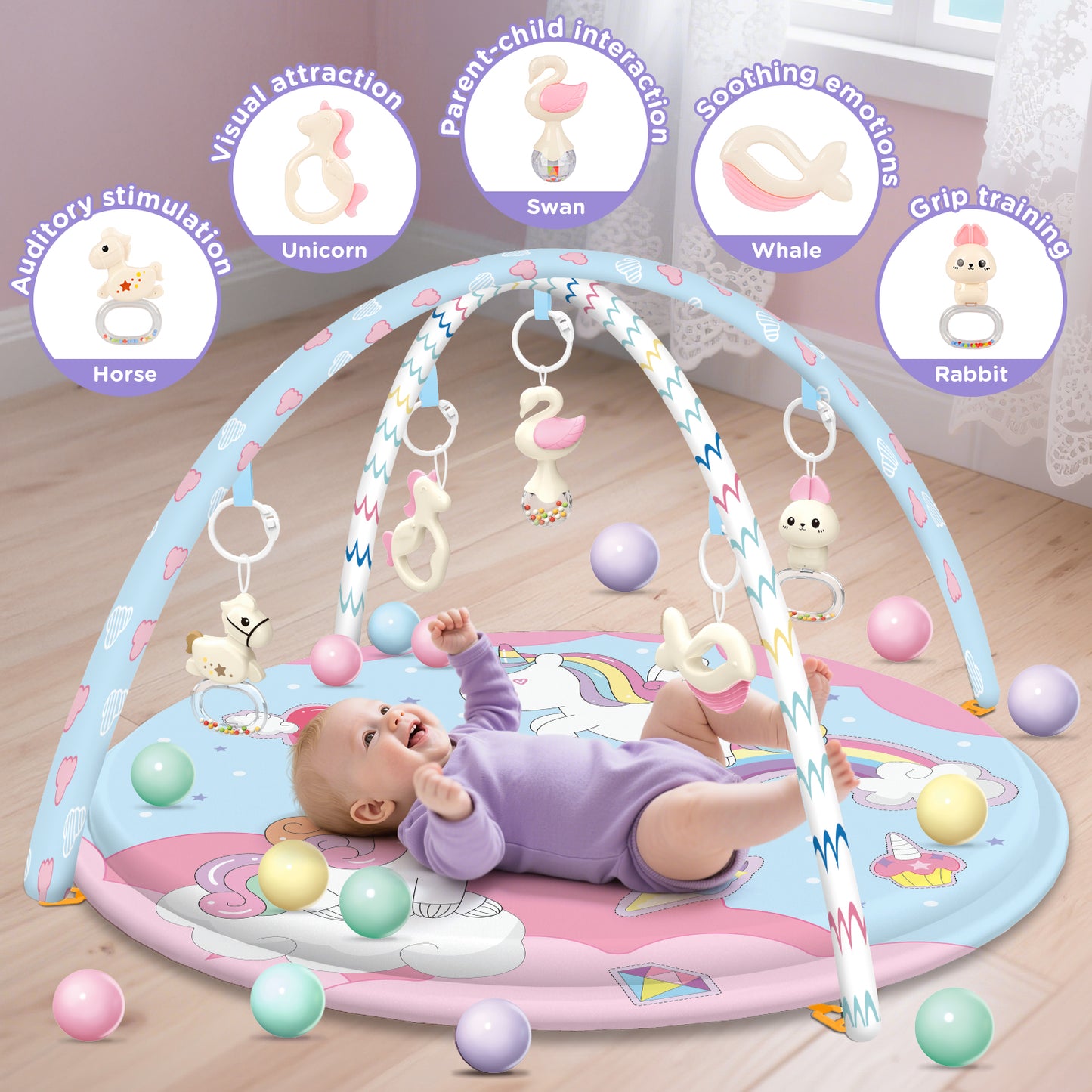 UUSUOO Baby Gym Play Mat,Tummy Time Mat With 5 Infant Learning Sensory Toys & 20 Balls,Washable Baby Activity Mat,Baby Toys Birthday Gifts for Newborns 0-3-6-9-12 Months
