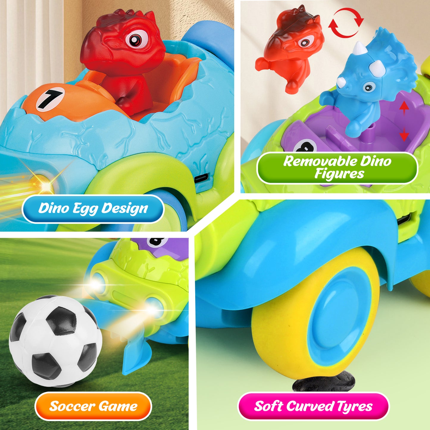 UUSUOO Dinosaur Remote Control Car for Toddlers,2 Pack Rechargeable RC Cars for Kids 3-5 with LED Lights & Music & Soccer Ball,Dinosaur Toys for Ages 2-4, Christmas Birthday Gift for Boys Girls