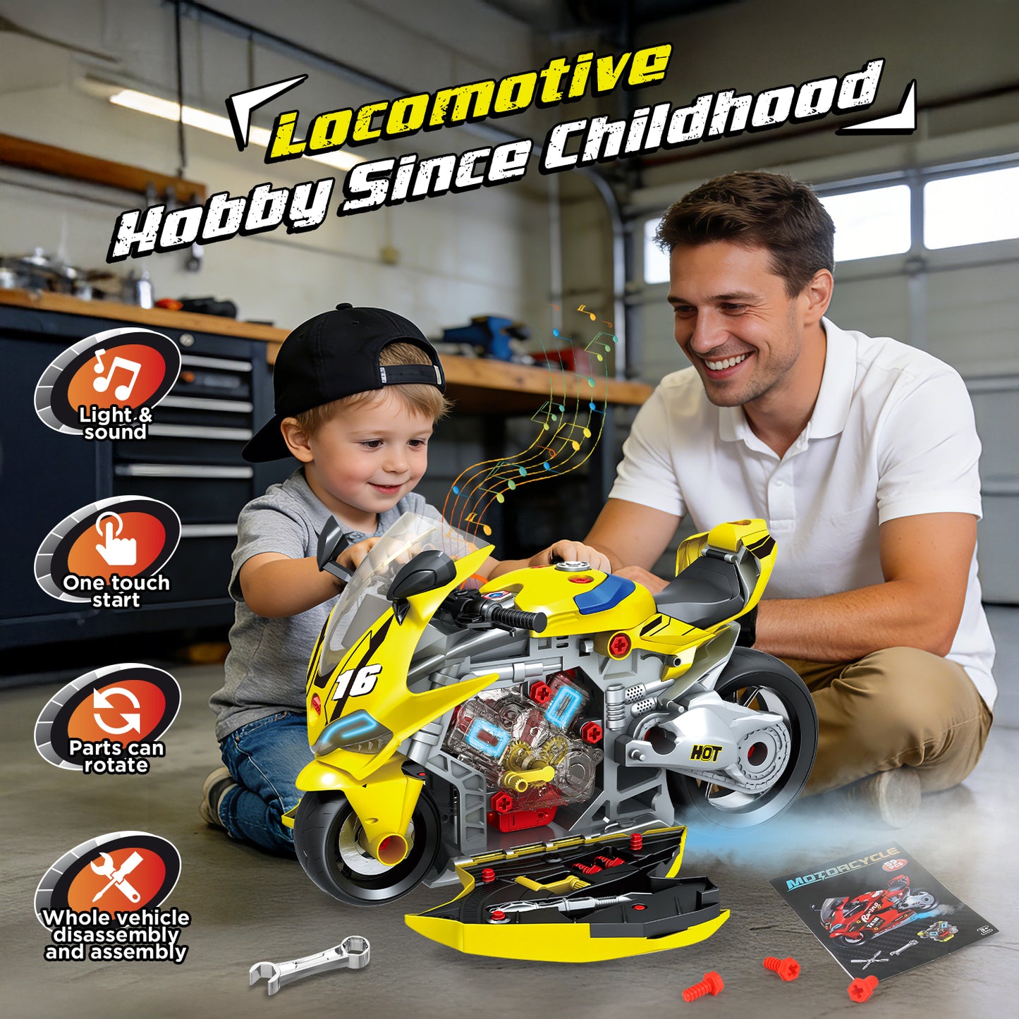 UUSUOO Take Apart Motorcycle Toy,Motorcycle Toys for Kids 3-5,Interactive Toy Engine Building Kit with Light, Sound & Spray,STEM Educational Gift Toys for 3 4 5 6 7 Year Old Boys Girls,Yellow