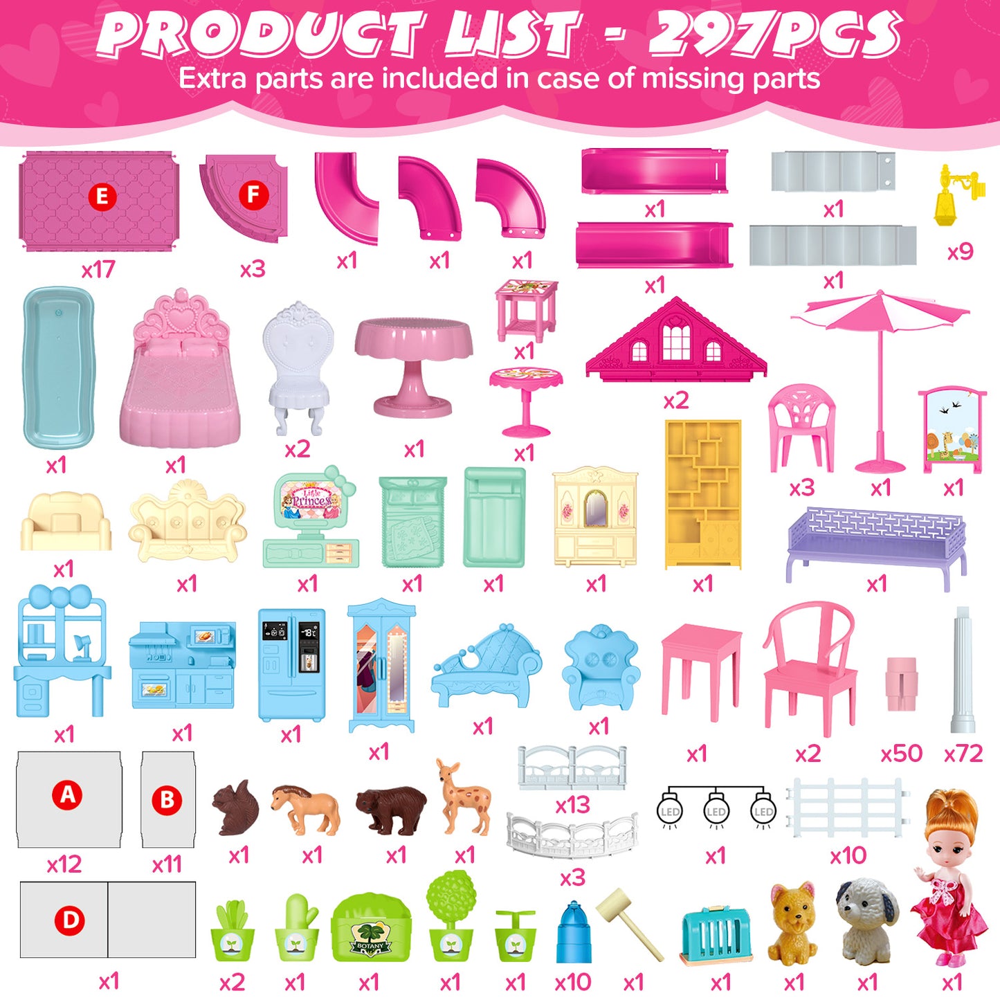 UUSUOO Doll House for Girls Toys,4 Stories 12 Rooms DIY Dollhouse Play Set with LED Lights Furniture and Accessories,Christmas Birthday Gifts for Girls Age 3 4 5 6 +