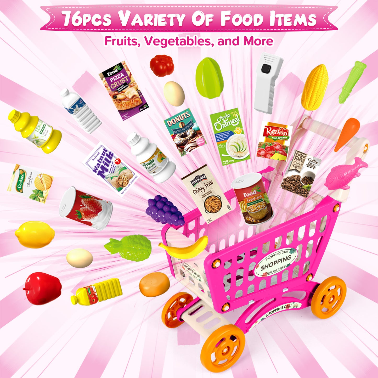 UUSUOO Supermarket Playset for Kids with Shopping Cart,76PCS Pretend Play Toys,Pretend Play Grocery Store Set with Play Food,Cash Register,Christmas & Birthday Gift for Kids 3 4 5 6 +