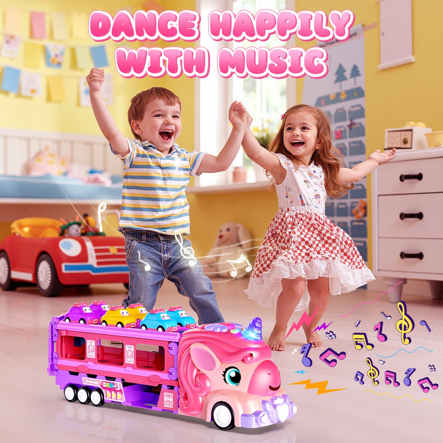 UUSUOO Unicorn Truck Toys for 3 -6 Years Old,7-In-1 Pink Unicorn Foldable Transport Carrier Truck with Lights and Music W/6 Princess Cars,Birthday Gifts for 3 4 5 6 + Years Old Boys Girls