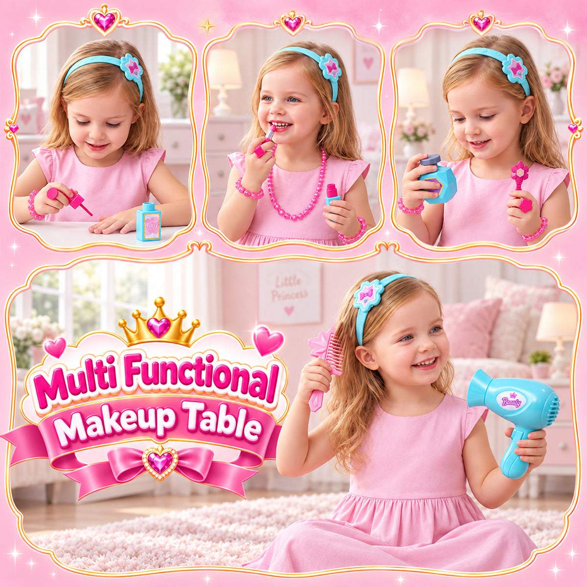 UUSUOO Kids Vanity Sets for Girls, Toddler Vanity Makeup Table with Mirror, Lights and Music, Kids Pretend Play Princess Toys, Birthday Gifts for Little Girls Ages 3-6