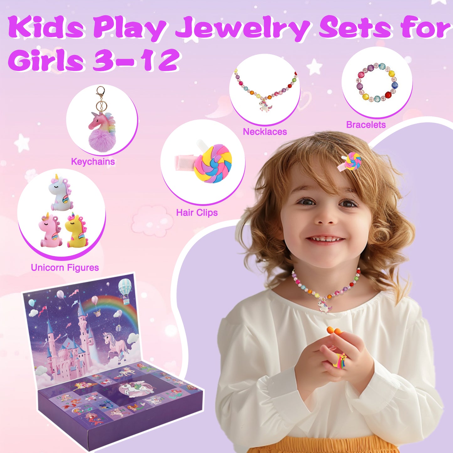 UUSUOO 32 PCS Jewelry Toys for Girls,Pretend Play Jewelry Set,Unicorns Kids Toys Set for Princess Dress Up,Necklaces,Bracelets,Kids Rings, Hair Ties,Hair Clips,Girls Toys Princess Toys for Girls 3-6