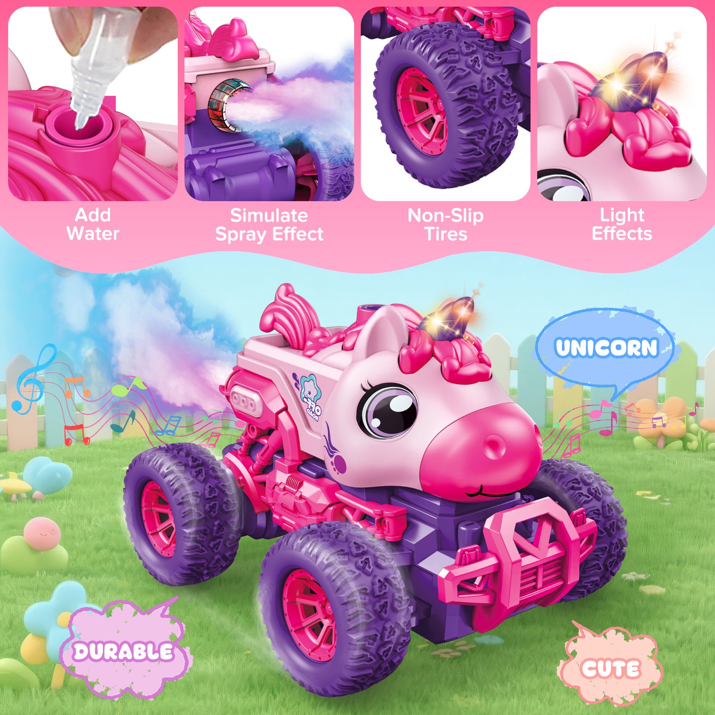 UUSUOO Unicorn Remote Control Cars for Girls 3-6,Rechargeable RC Cars for Kids with Spray & LED Light,Christmas Gifts Unicorn Toys for Boys Girls 3+