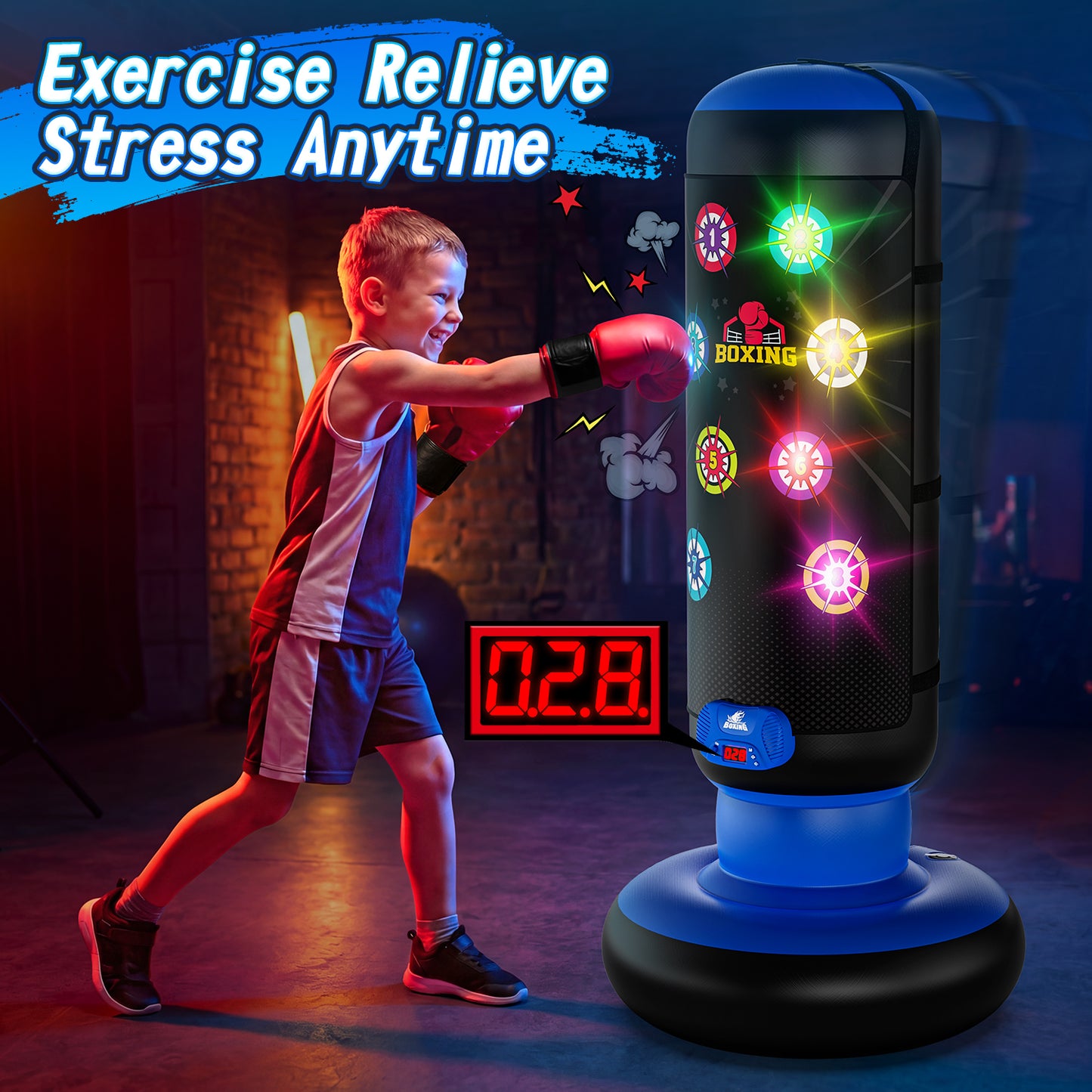 UUSUOO Punching Bag for Kids with Light & Sound,Kids Inflatable Boxing Bag Set with Gloves, Scoring System, 4 Play Modes,Christmas Birthday Gift Toy for Boys Girls Age 6-12,Blue