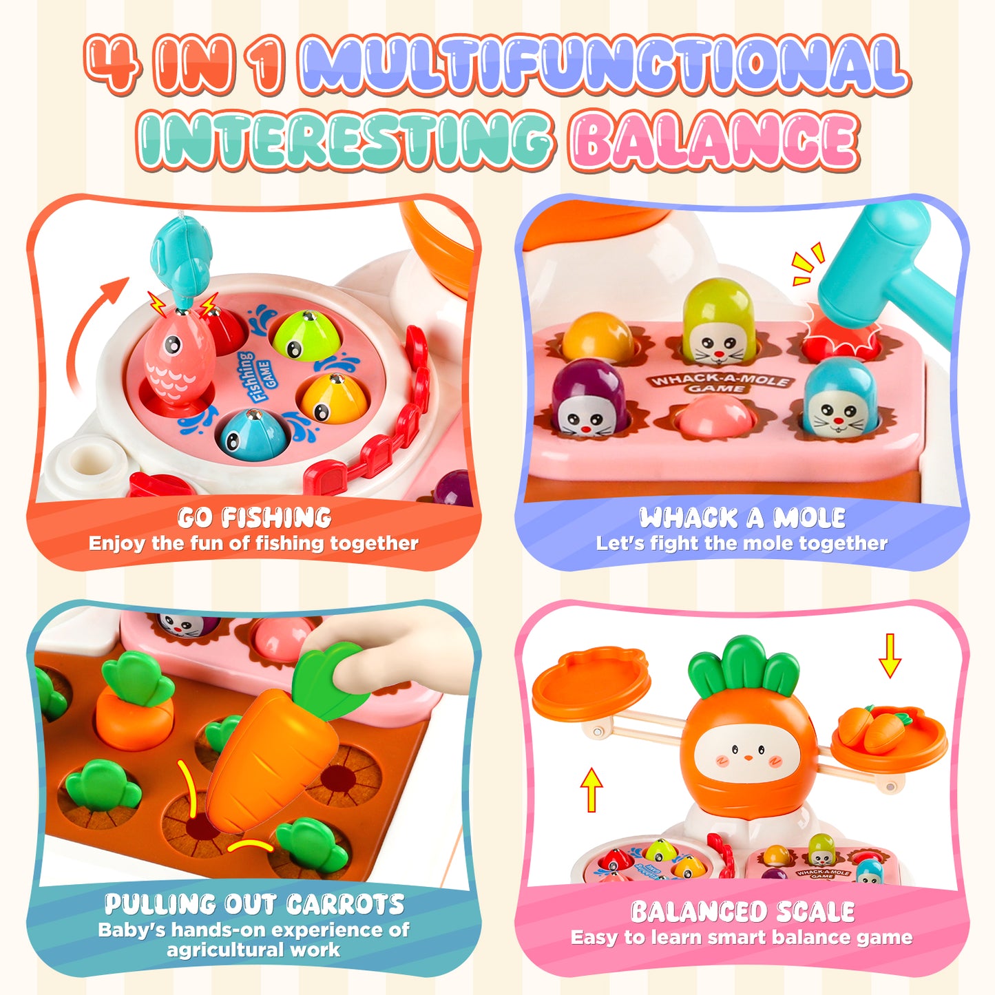 UUSUOO Montessori Toys for 1 Year Old,Balance Scale for Kids with Whack A Mole Game,Carrot Harvest Game,Fishing,Preschool Learning Toys,Baby Toys Gift for 1 2 3 Years Old Boys & Girls
