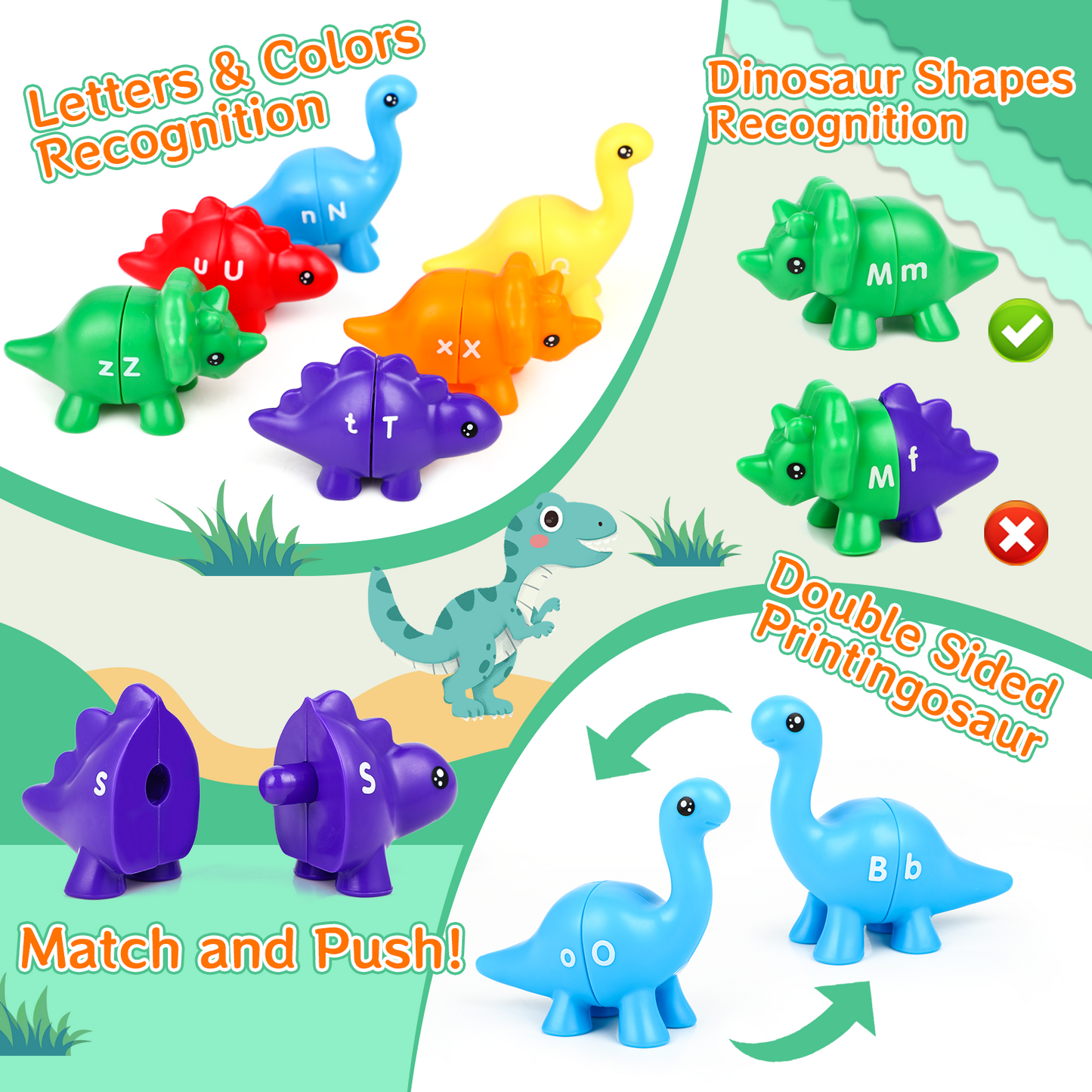 UUSUOO Alphabet Matching Dinosaur Set,13 PCS Montessori Double-Sided Dinosaur Toys Match Letter with Uppercase Lowercase, Fine Motor Toys for Toddlers 1-3, Christmas Gifts Educational Learning Toys