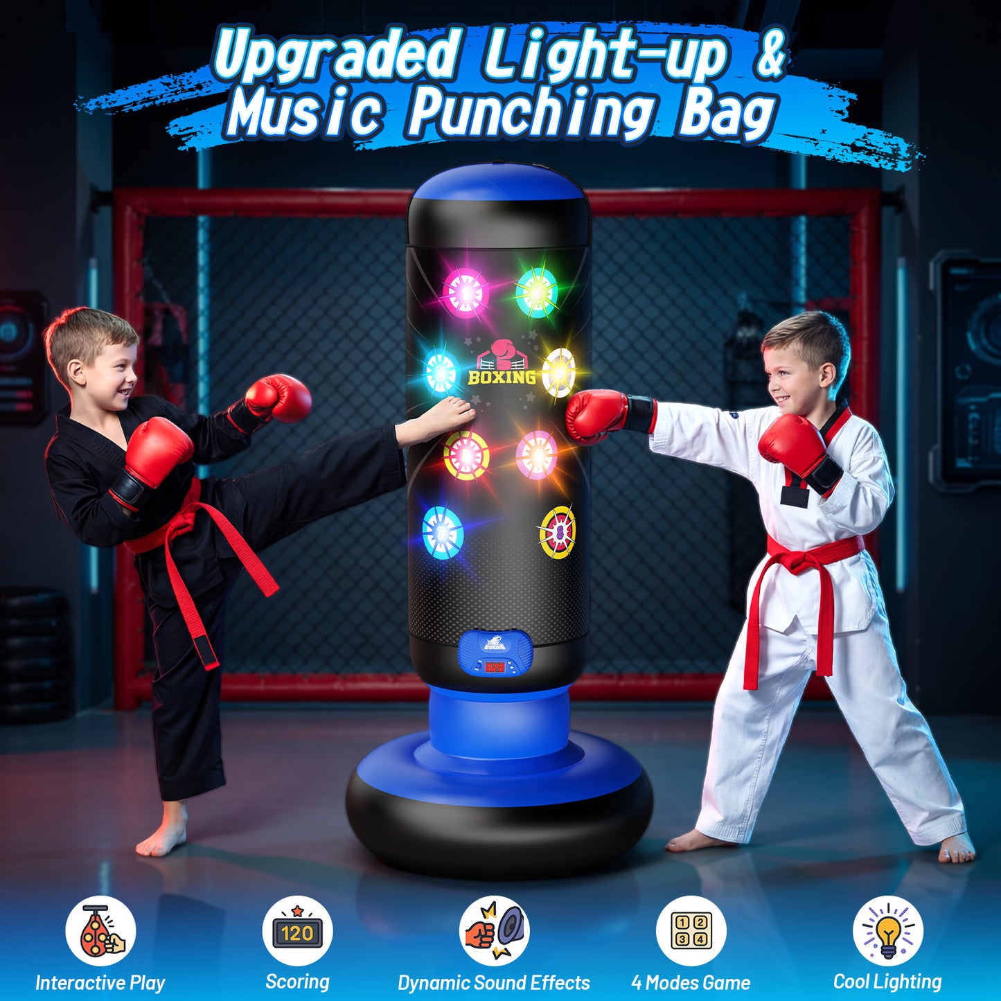 UUSUOO Punching Bag for Kids with Light & Sound,Kids Inflatable Boxing Bag Set with Gloves, Scoring System, 4 Play Modes,Christmas Birthday Gift Toy for Boys Girls Age 6-12,Blue