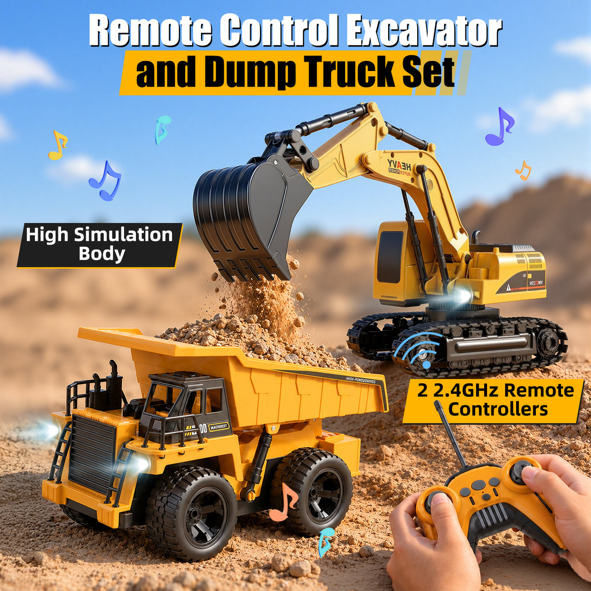 UUSUOO Remote Control Excavator and Dump Truck Toy for Kids, 2.4GHz RC Construction Vehicles with Lights & Sounds, Rechargeable Construction Toys, Birthday Gift for Kids Ages 3+