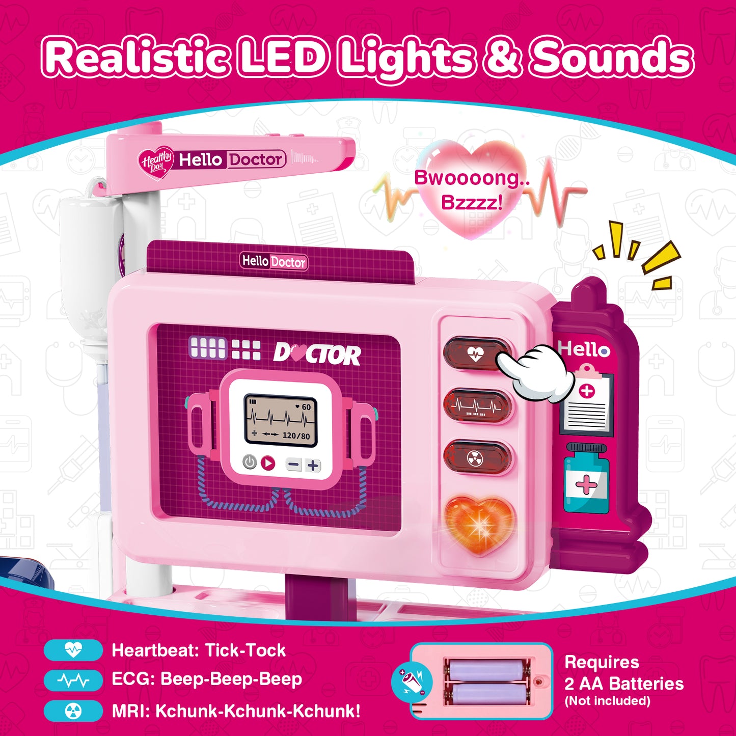 UUSUOO Doctor Kit for Toddlers 3-5,37Pcs Pretend Play Medical Kit Toy,Toddler Medical Cart Toy with Realistic LED Lights & Sounds,Doctor Kit Christmas Toy Gifts for Kids 3-8,Pink