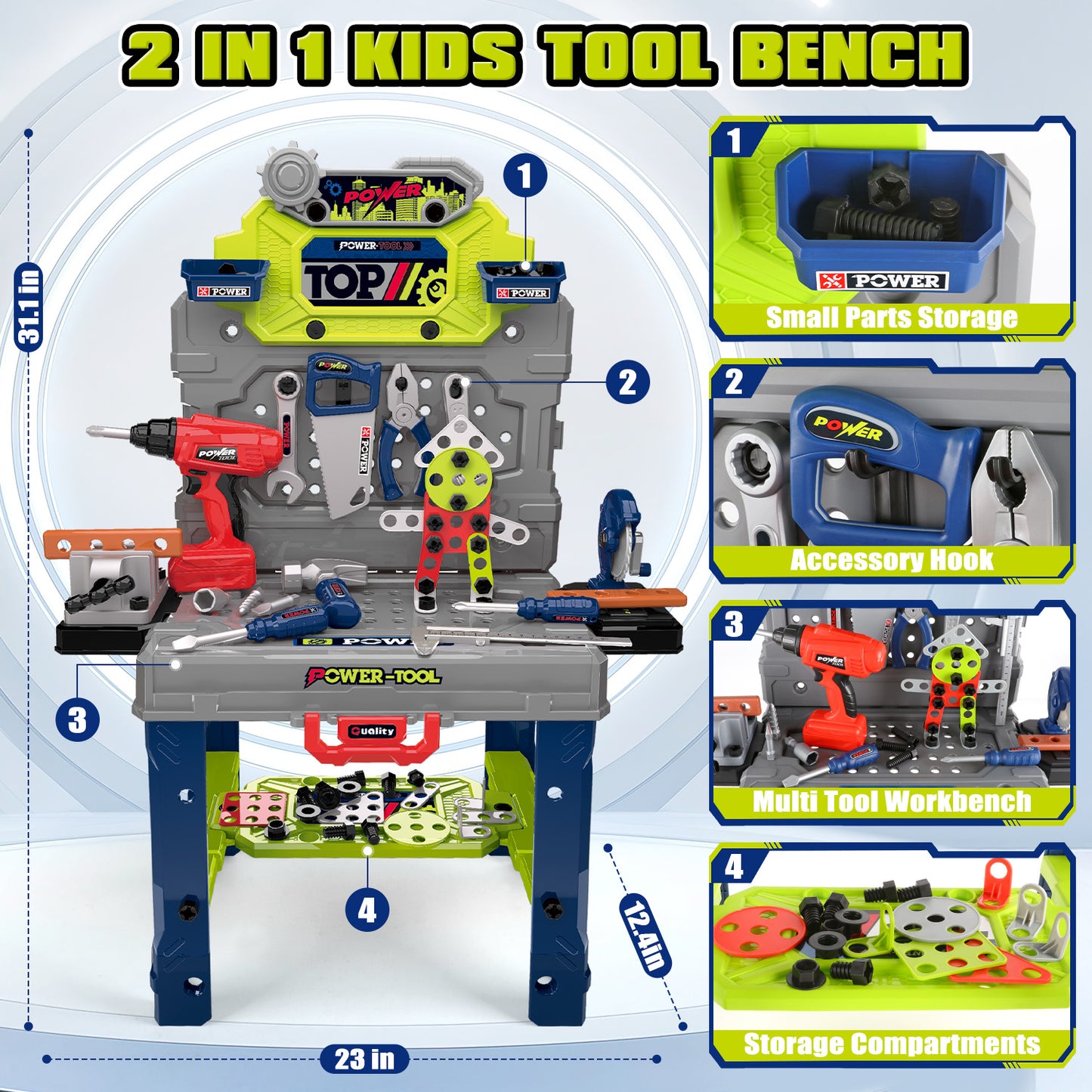 UUSUOO 2-In-1 Kids Tool Bench,132Pcs Kids Tool Set with Realistic Tools and Electric Drill,Foldable Pretend Play Workbench Construction Building Toys,Christmas Toys Gift for Boys Girls 4 5 6+
